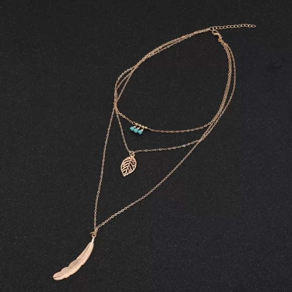 NEW Gold Feather‎ Turquoise Layered Necklace - Picture 8 of 16